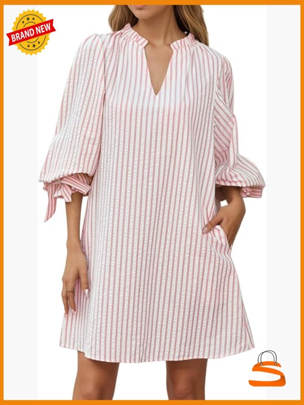V Neck 3/4 Puff Sleeve Striped A Line Shirt Dress with Pockets